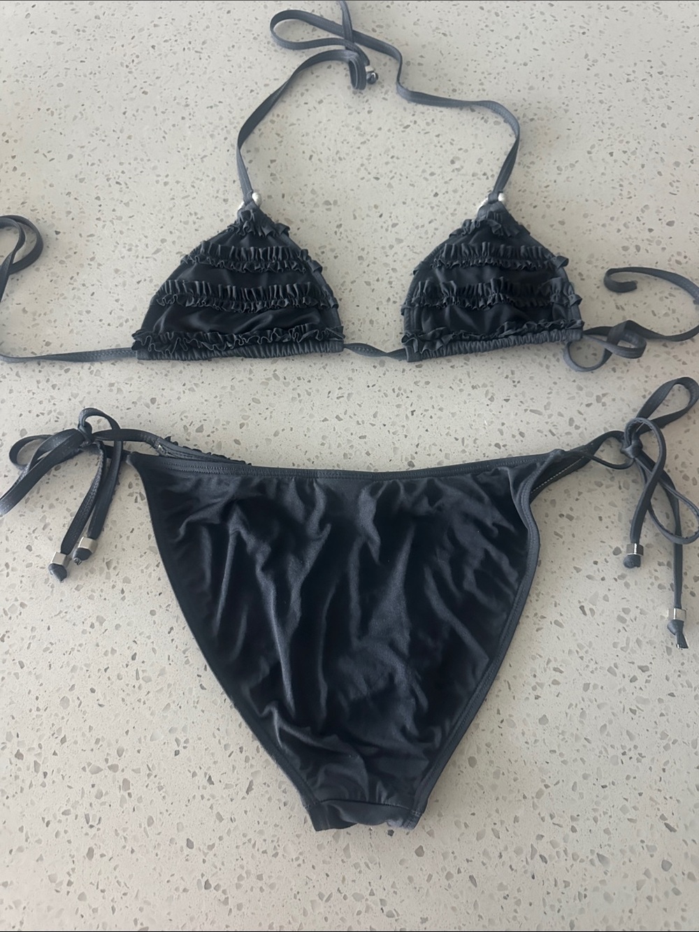 Letarte Charcoal Grey Ruffle Triangle Tie-Side Bikini